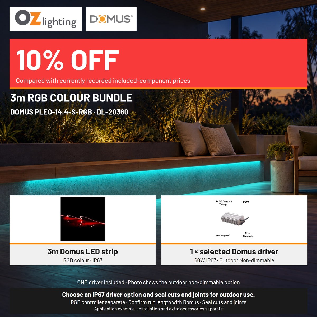 Domus PLEO 3 Metre 14.4W/m RGB Outdoor Strip and Driver Bundle-Domus Lighting-Ozlighting.com.au