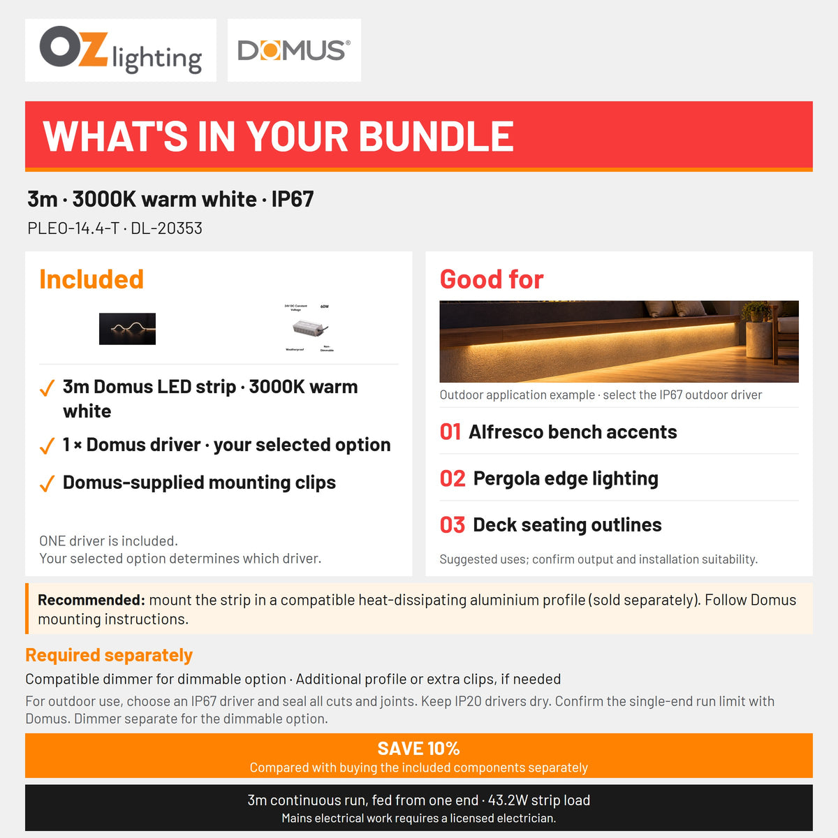 Domus PLEO 3 Metre 14.4W/m Warm White Outdoor Strip and Driver Bundle-Domus Lighting-Ozlighting.com.au