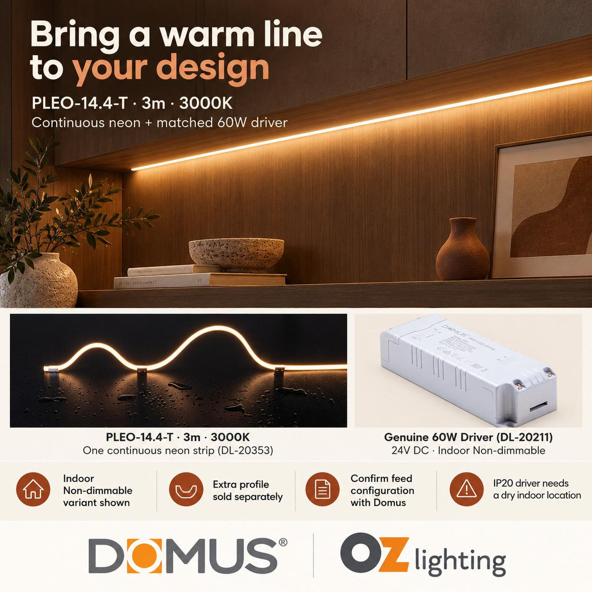 Domus PLEO 3 Metre 14.4W/m Warm White Outdoor Strip and Driver Bundle-Domus Lighting-Ozlighting.com.au