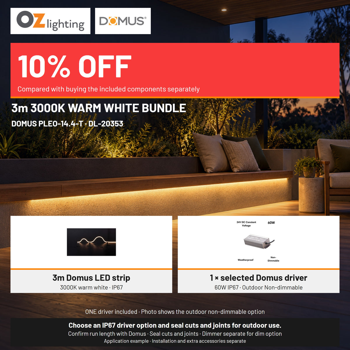 Domus PLEO-14.4-T LED Strip & Driver Bundle - 3000K, IP67, 3m-Domus Lighting-Ozlighting.com.au