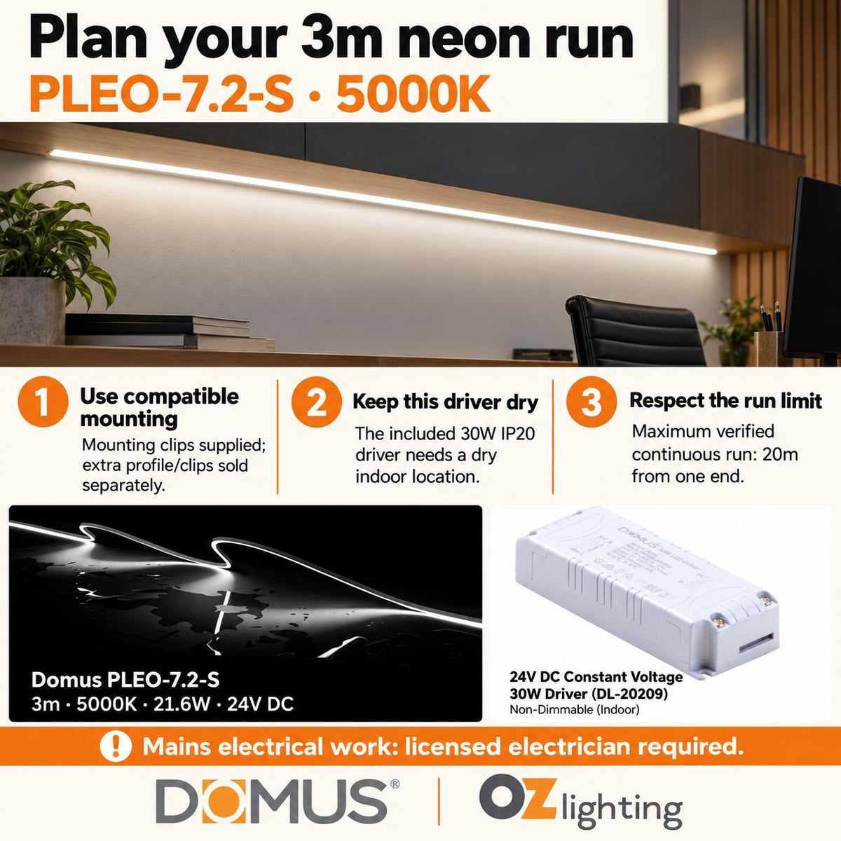 Domus PLEO 3 Metre 7.2W/m Cool White Outdoor Strip and Driver Bundle-Domus Lighting-Ozlighting.com.au