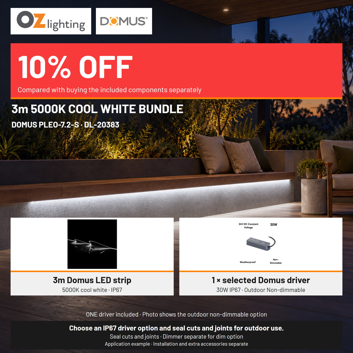Domus PLEO 3 Metre 7.2W/m Cool White Outdoor Strip and Driver Bundle-Domus Lighting-Ozlighting.com.au
