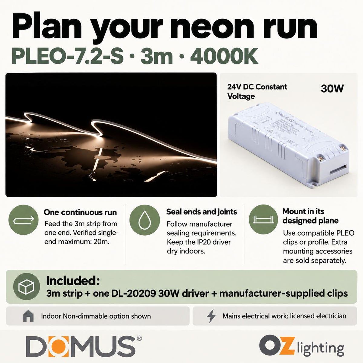 Domus PLEO 3 Metre 7.2W/m Neutral White Outdoor Strip and Driver Bundle-Domus Lighting-Ozlighting.com.au