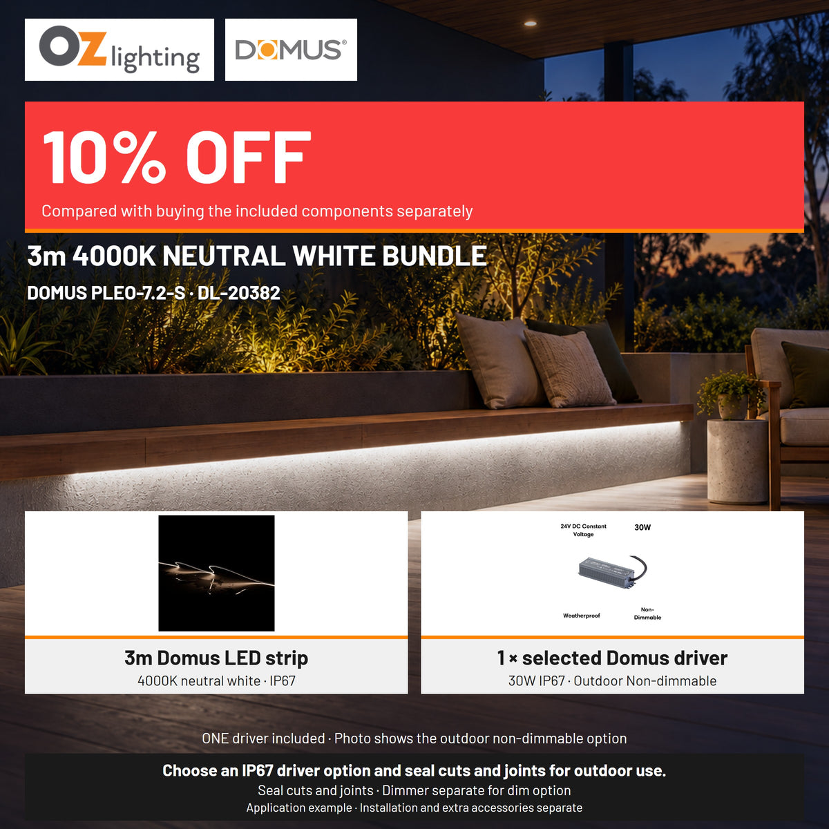 Domus PLEO 3 Metre 7.2W/m Neutral White Outdoor Strip and Driver Bundle-Domus Lighting-Ozlighting.com.au