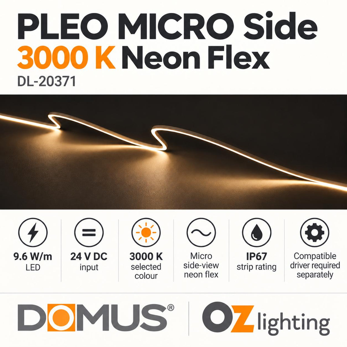 Domus PLEO-MICRO Neon Flex LED Strip - 9.6W/m, IP67 - DRIVER REQUIRED-Domus Lighting-Ozlighting.com.au