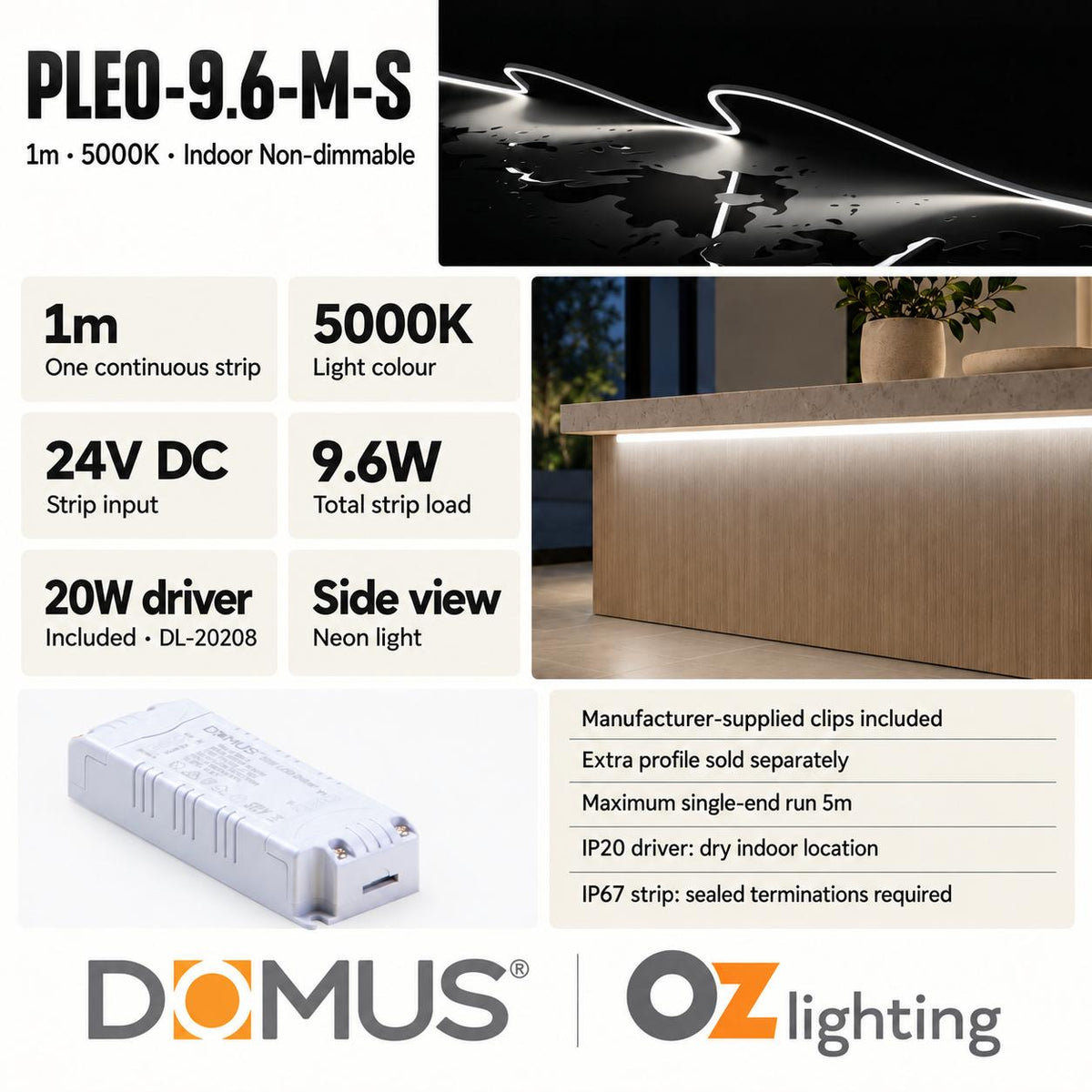 Domus PLEO Micro 1 Metre 9.6W/m Cool White Outdoor Strip and Driver Bundle-Domus Lighting-Ozlighting.com.au