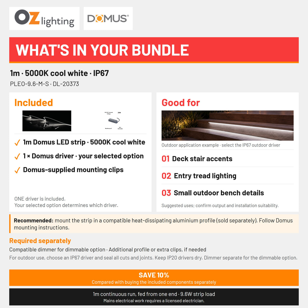 Domus PLEO-9.6-M-S LED Strip & Driver Bundle - 5000K, IP67, 1m-Domus Lighting-Ozlighting.com.au