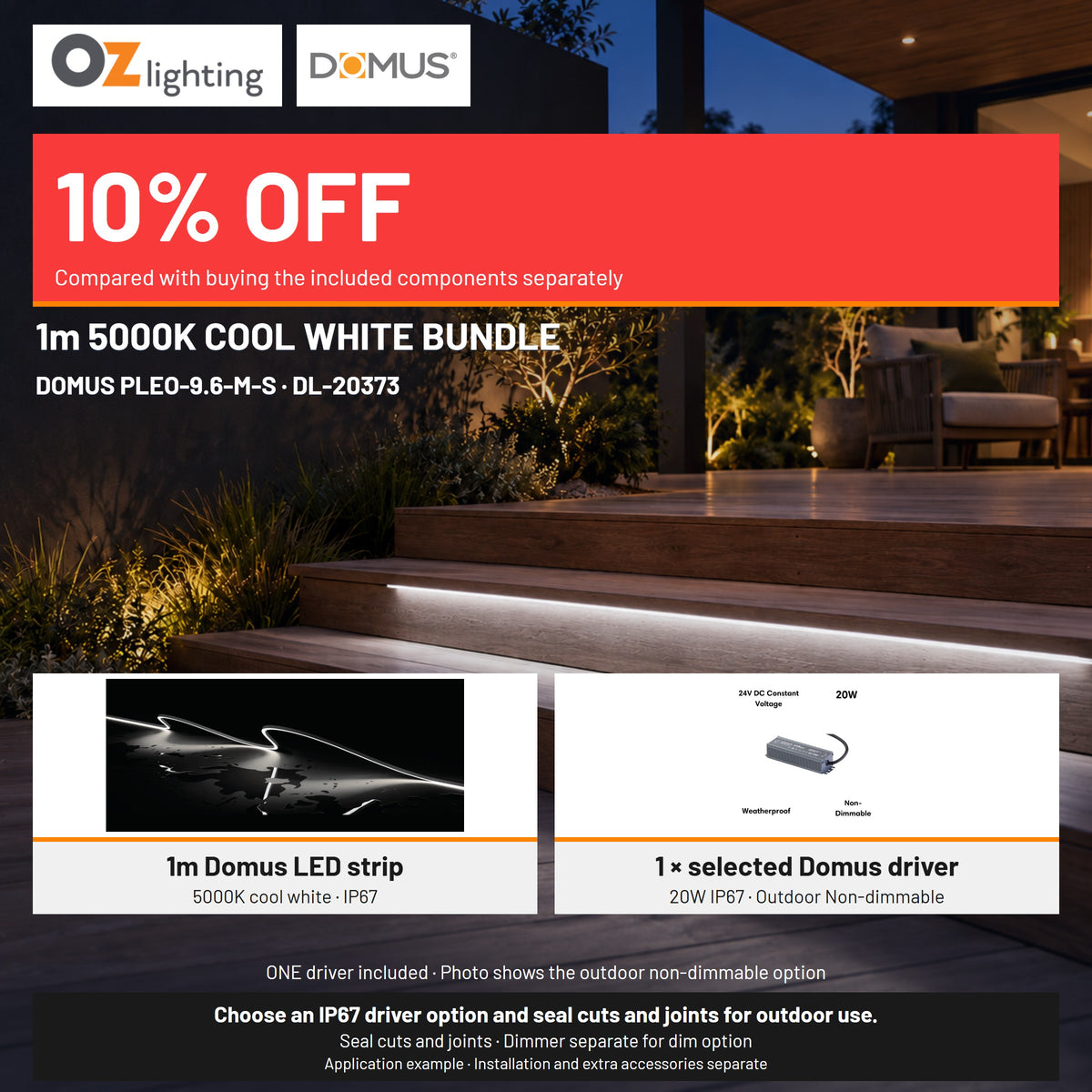 Domus PLEO Micro 1 Metre 9.6W/m Cool White Outdoor Strip and Driver Bundle-Domus Lighting-Ozlighting.com.au
