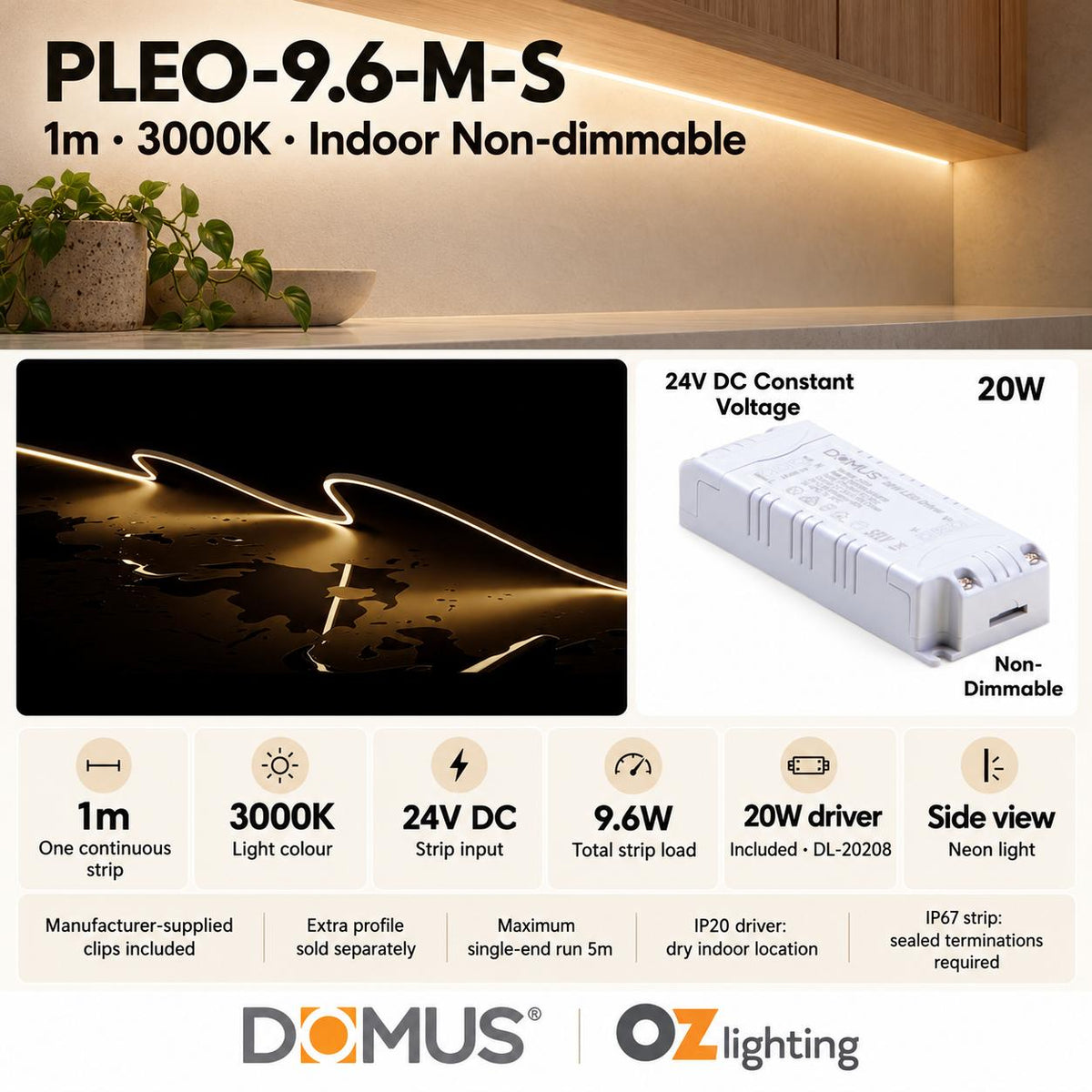 Domus PLEO Micro 1 Metre 9.6W/m Warm White Outdoor Strip and Driver Bundle-Domus Lighting-Ozlighting.com.au
