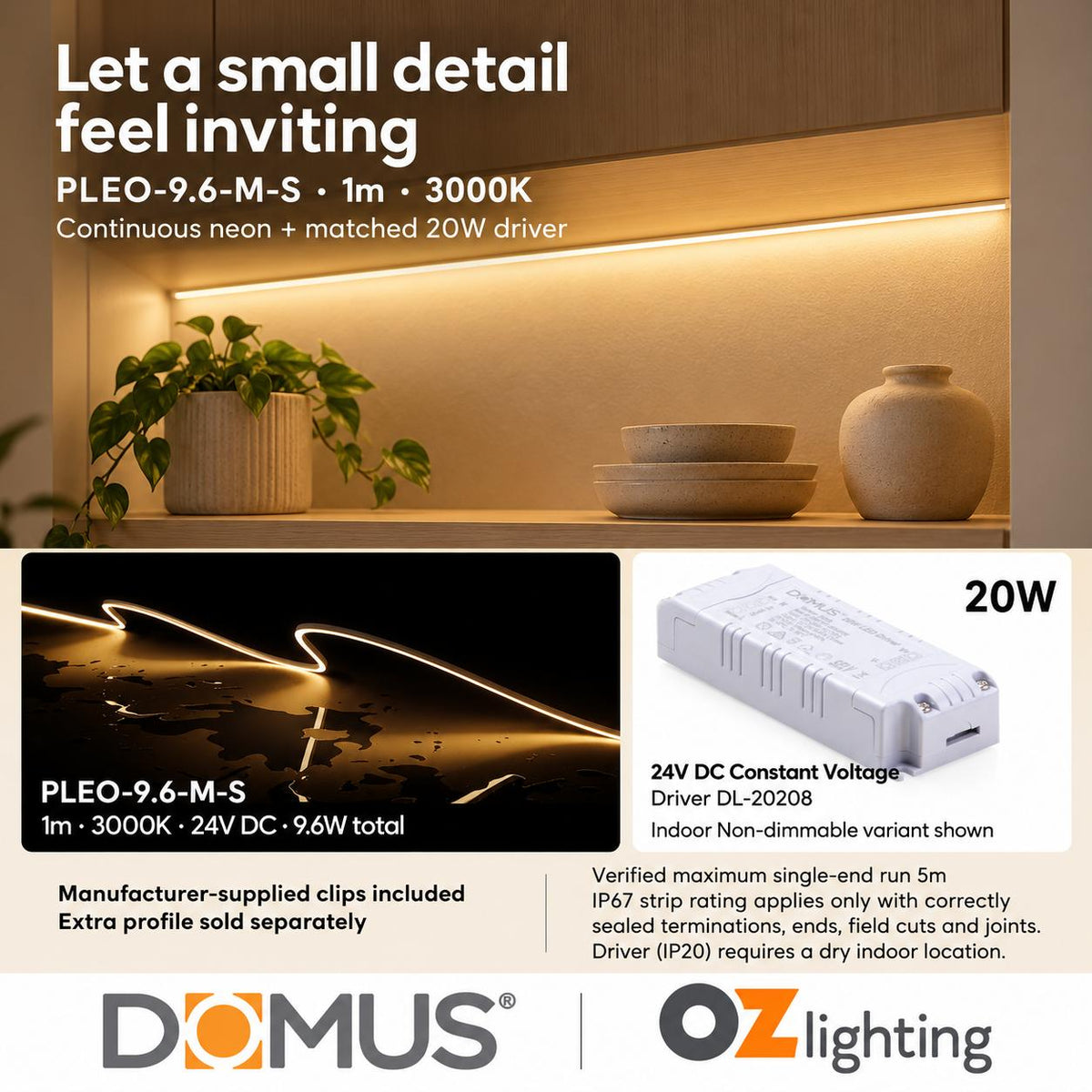 Domus PLEO Micro 1 Metre 9.6W/m Warm White Outdoor Strip and Driver Bundle-Domus Lighting-Ozlighting.com.au