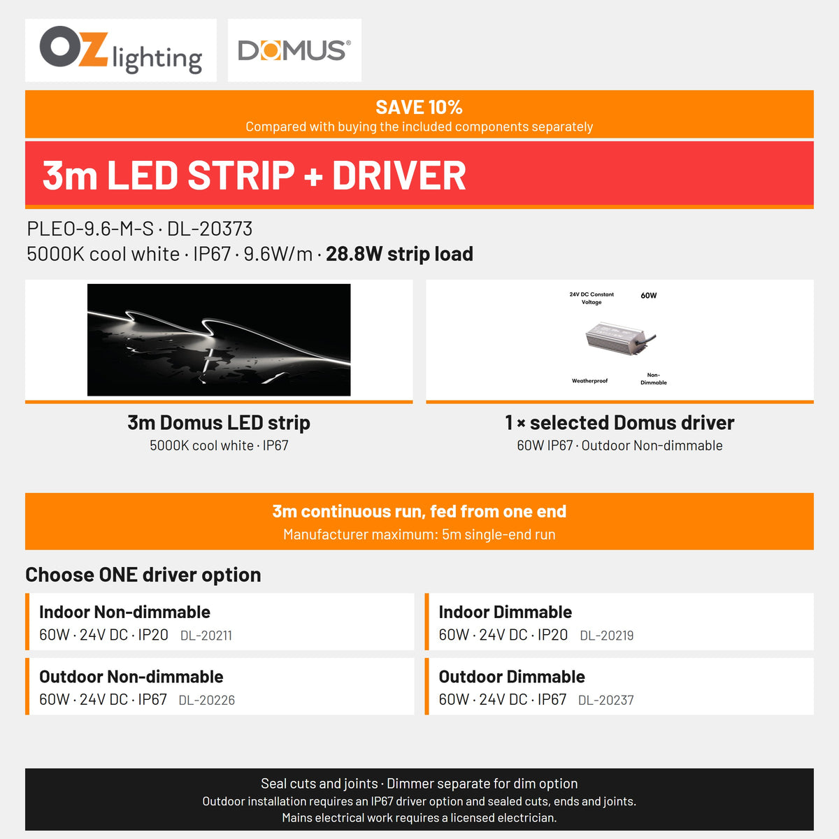 Domus PLEO Micro 3 Metre 9.6W/m Cool White Outdoor Strip and Driver Bundle-Domus Lighting-Ozlighting.com.au