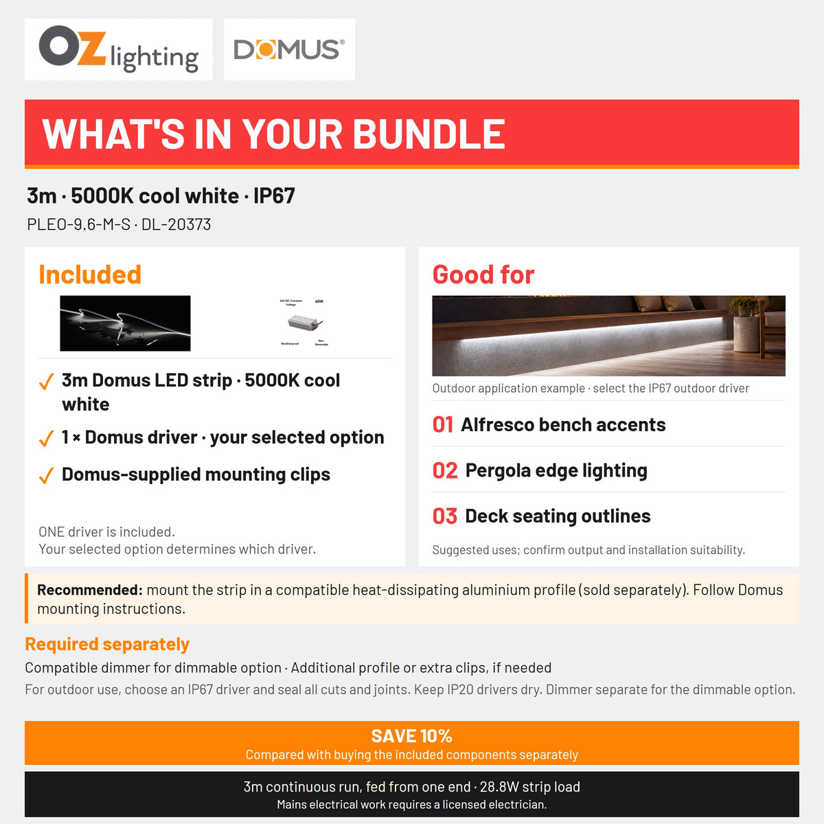 Domus PLEO Micro 3 Metre 9.6W/m Cool White Outdoor Strip and Driver Bundle-Domus Lighting-Ozlighting.com.au
