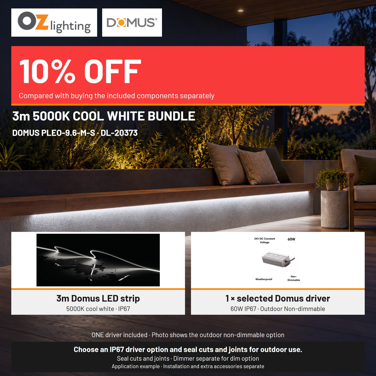 Domus PLEO Micro 3 Metre 9.6W/m Cool White Outdoor Strip and Driver Bundle-Domus Lighting-Ozlighting.com.au