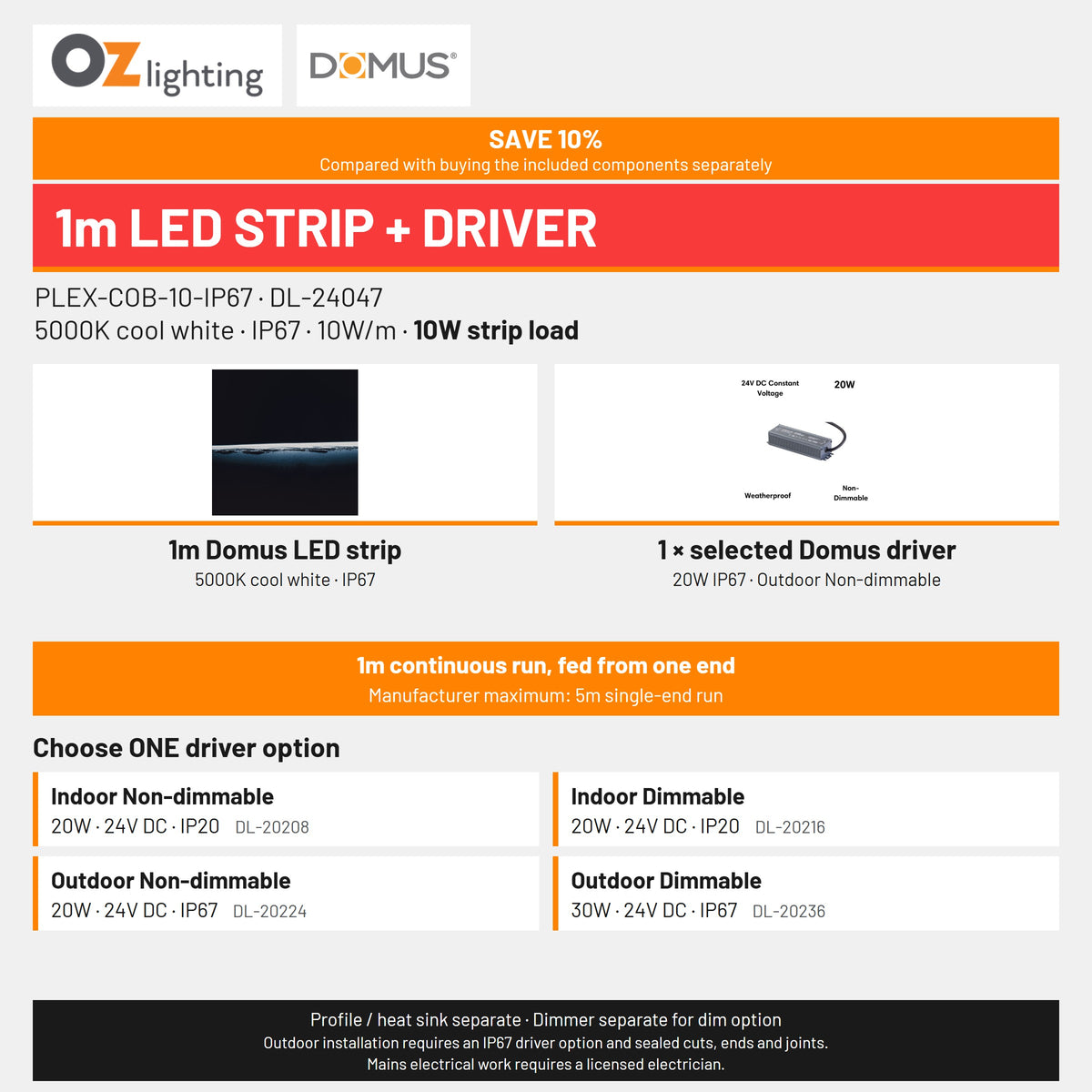 Domus PLEX 1 Metre 10W/m Cool White Outdoor Strip and Driver Bundle-Domus Lighting-Ozlighting.com.au
