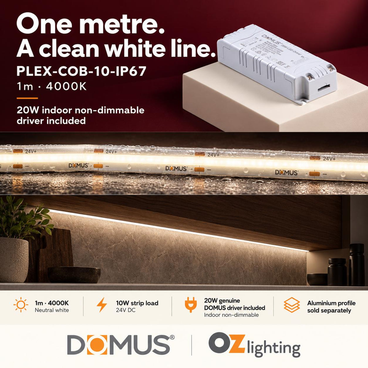 Domus PLEX 1 Metre 10W/m Neutral White Outdoor Strip and Driver Bundle-Domus Lighting-Ozlighting.com.au