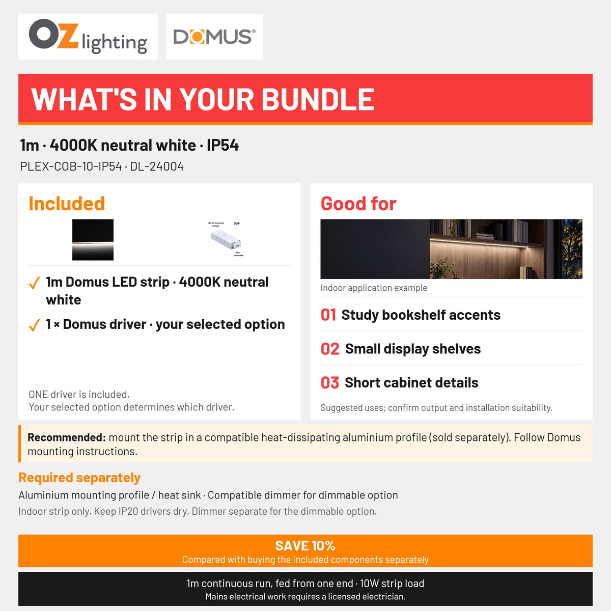 Domus PLEX 1 Metre 10W/m Neutral White Strip and Driver Bundle-Domus Lighting-Ozlighting.com.au