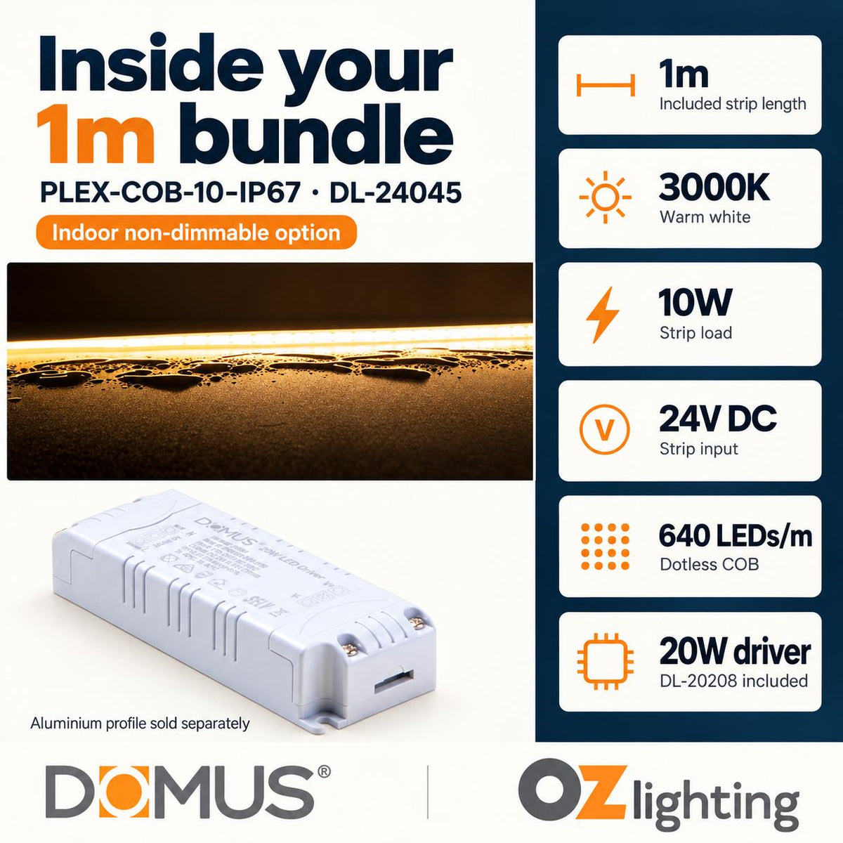 Domus PLEX 1 Metre 10W/m Warm White Outdoor Strip and Driver Bundle-Domus Lighting-Ozlighting.com.au