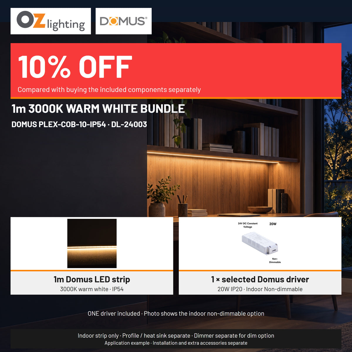 Domus PLEX 1 Metre 10W/m Warm White Strip and Driver Bundle-Domus Lighting-Ozlighting.com.au