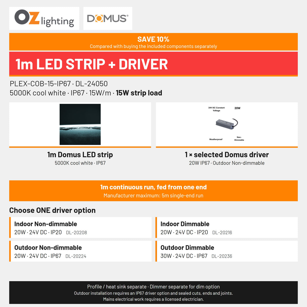 Domus PLEX-COB-15-IP67 LED Strip & Driver Bundle - 5000K, 1m-Domus Lighting-Ozlighting.com.au