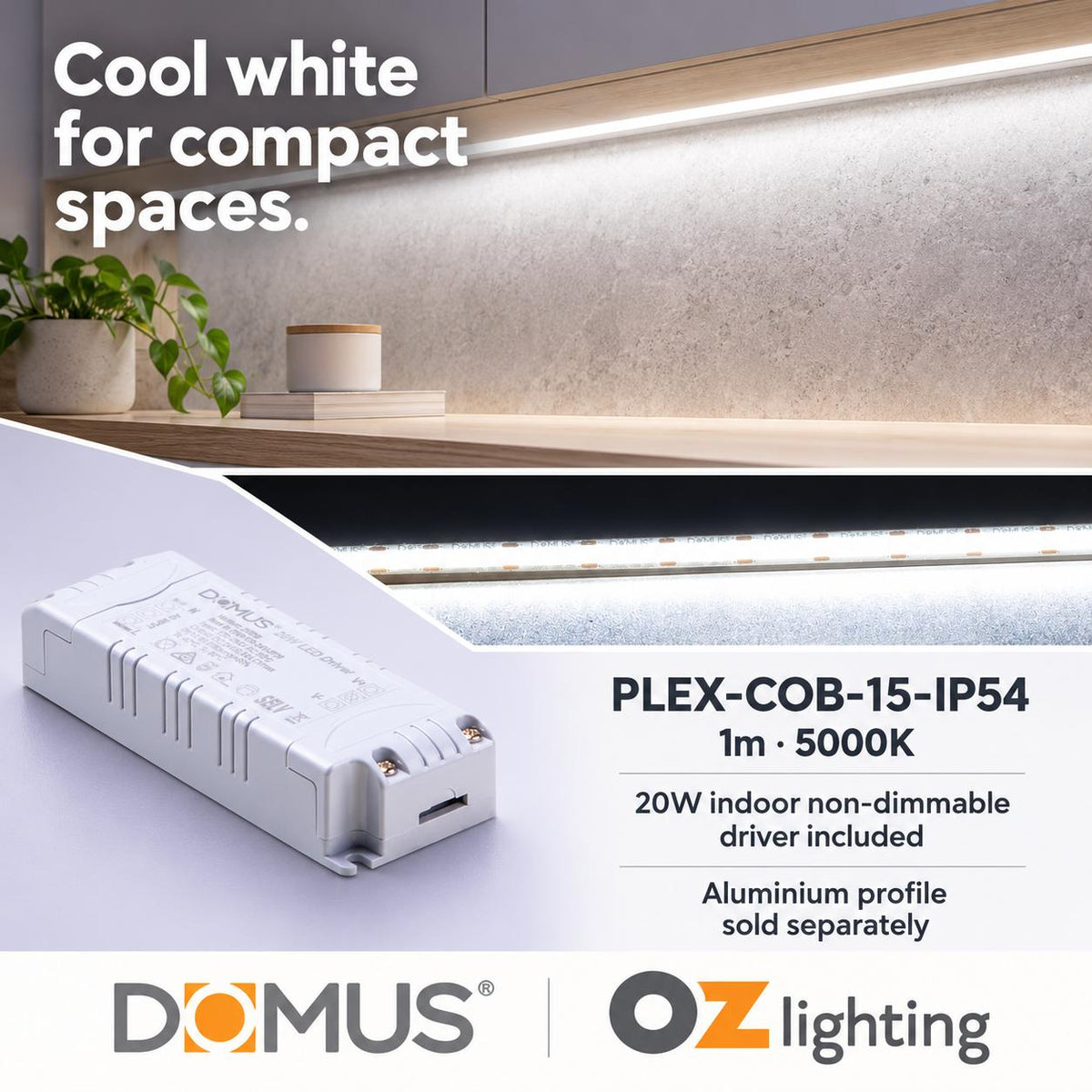 Domus PLEX 1 Metre 15W/m Cool White Strip and Driver Bundle-Domus Lighting-Ozlighting.com.au