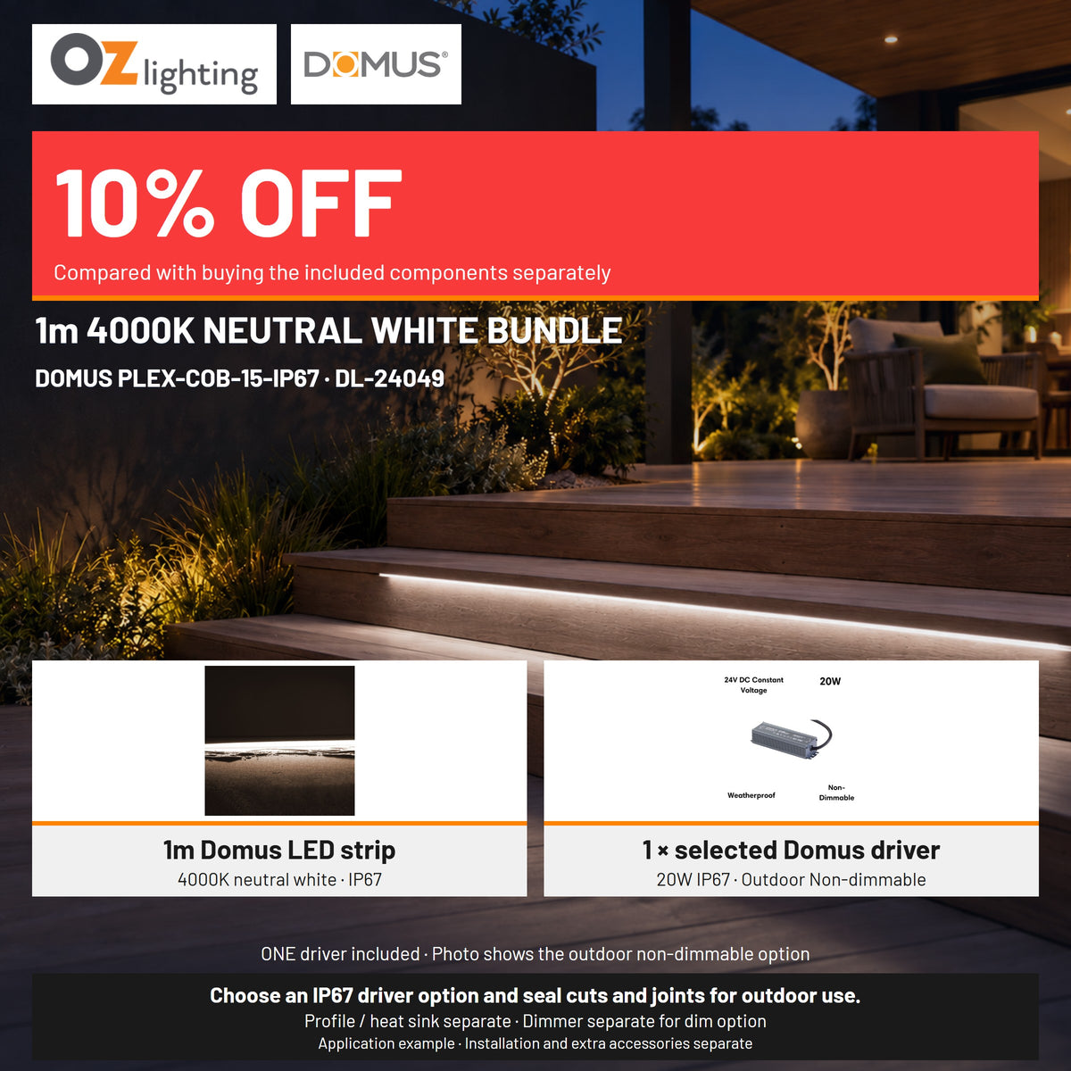 Domus PLEX 1 Metre 15W/m Neutral White Outdoor Strip and Driver Bundle-Domus Lighting-Ozlighting.com.au