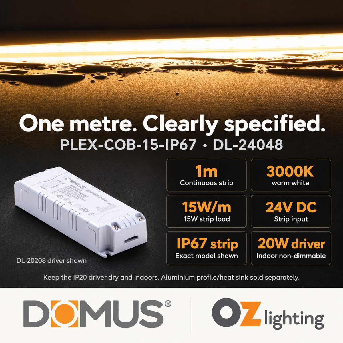 Domus PLEX 1 Metre 15W/m Warm White Outdoor Strip and Driver Bundle-Domus Lighting-Ozlighting.com.au