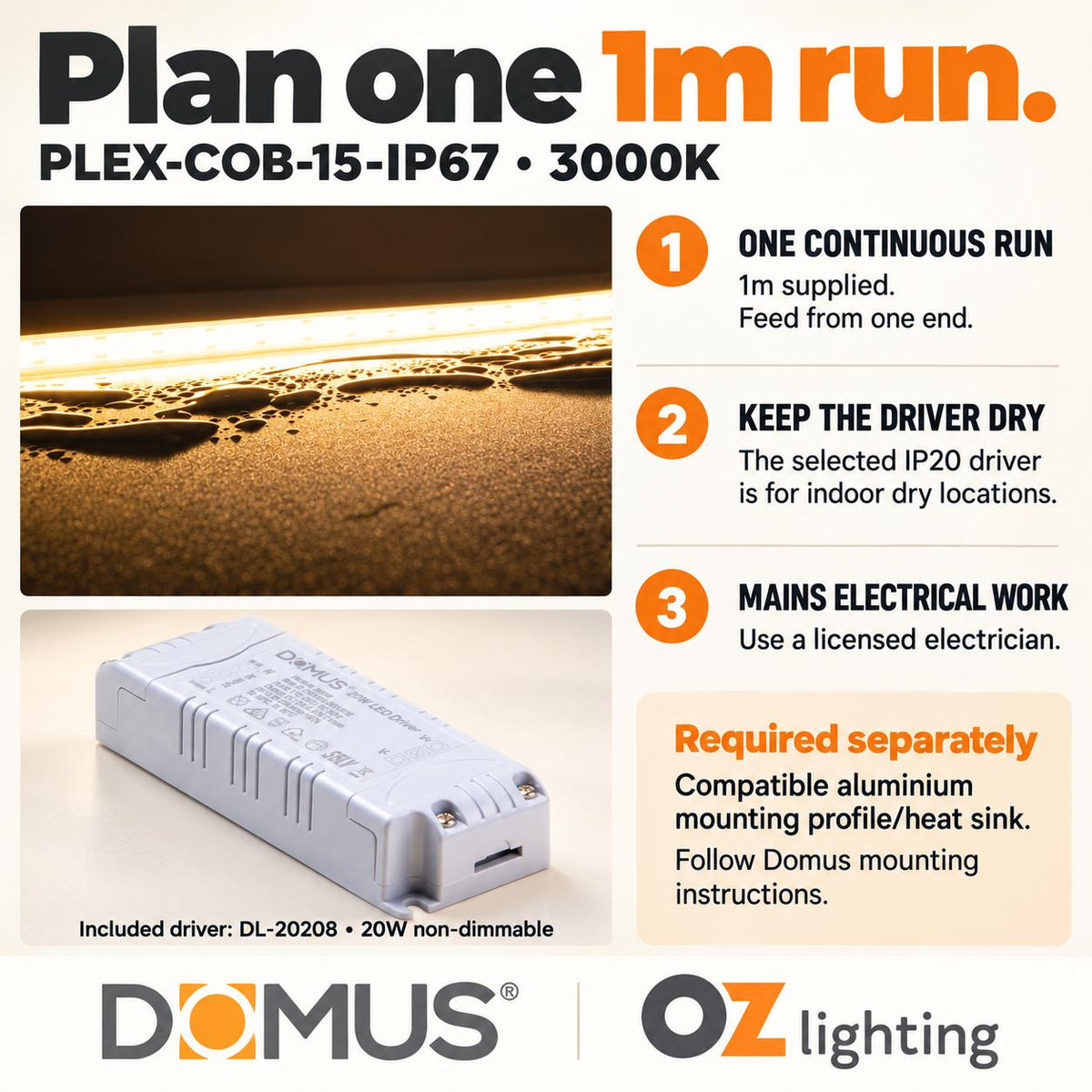 Domus PLEX 1 Metre 15W/m Warm White Outdoor Strip and Driver Bundle-Domus Lighting-Ozlighting.com.au