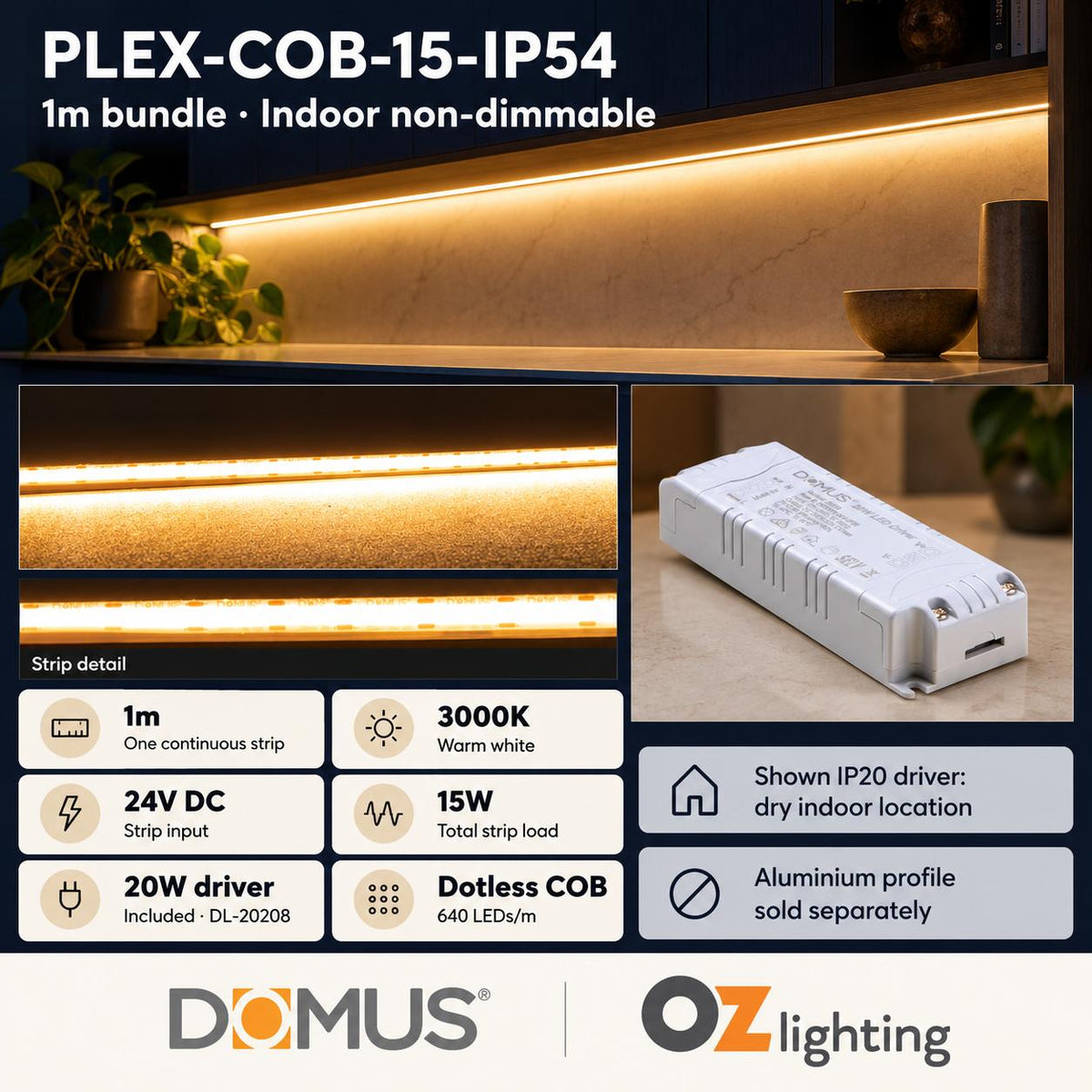 Domus PLEX-COB-15-IP54 1m 3000K LED strip and driver bundle — product details
