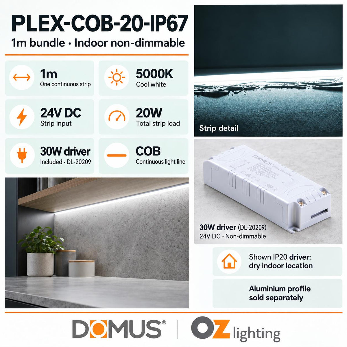 Domus PLEX 1 Metre 20W/m Cool White Outdoor Strip and Driver Bundle-Domus Lighting-Ozlighting.com.au