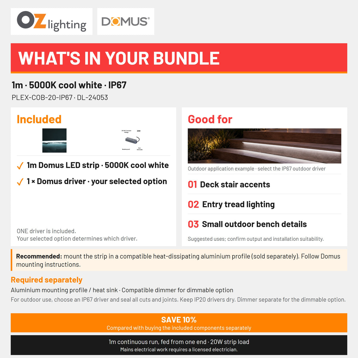 Domus PLEX 1 Metre 20W/m Cool White Outdoor Strip and Driver Bundle-Domus Lighting-Ozlighting.com.au
