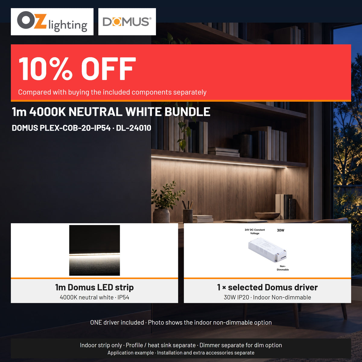 Domus PLEX 1 Metre 20W/m Neutral White Strip and Driver Bundle-Domus Lighting-Ozlighting.com.au