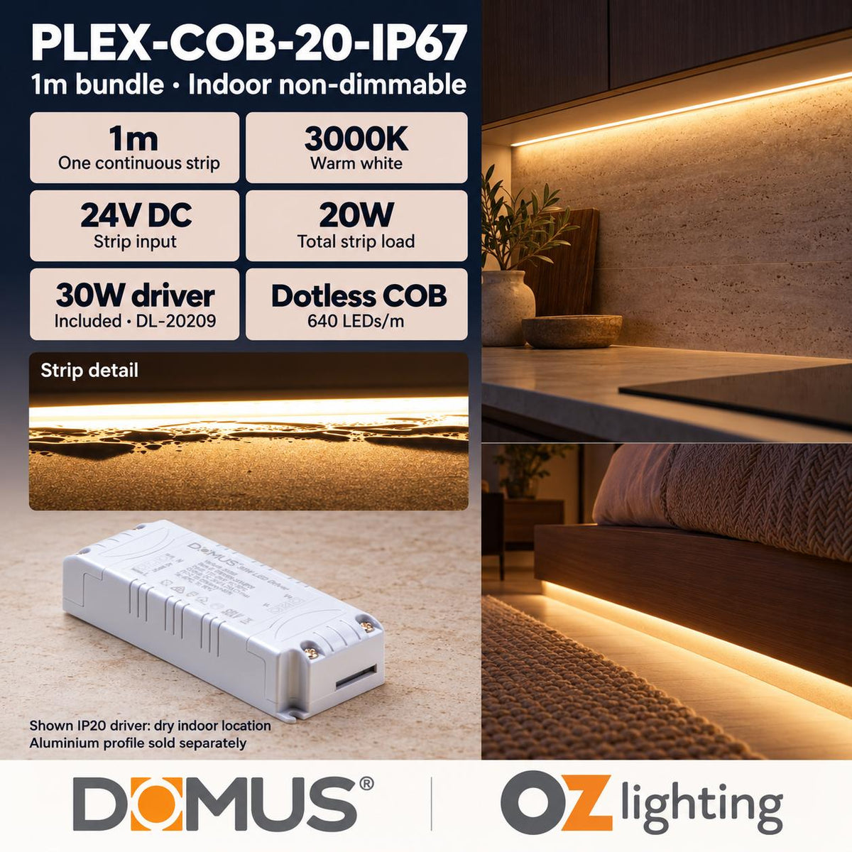 Domus PLEX 1 Metre 20W/m Warm White Outdoor Strip and Driver Bundle-Domus Lighting-Ozlighting.com.au