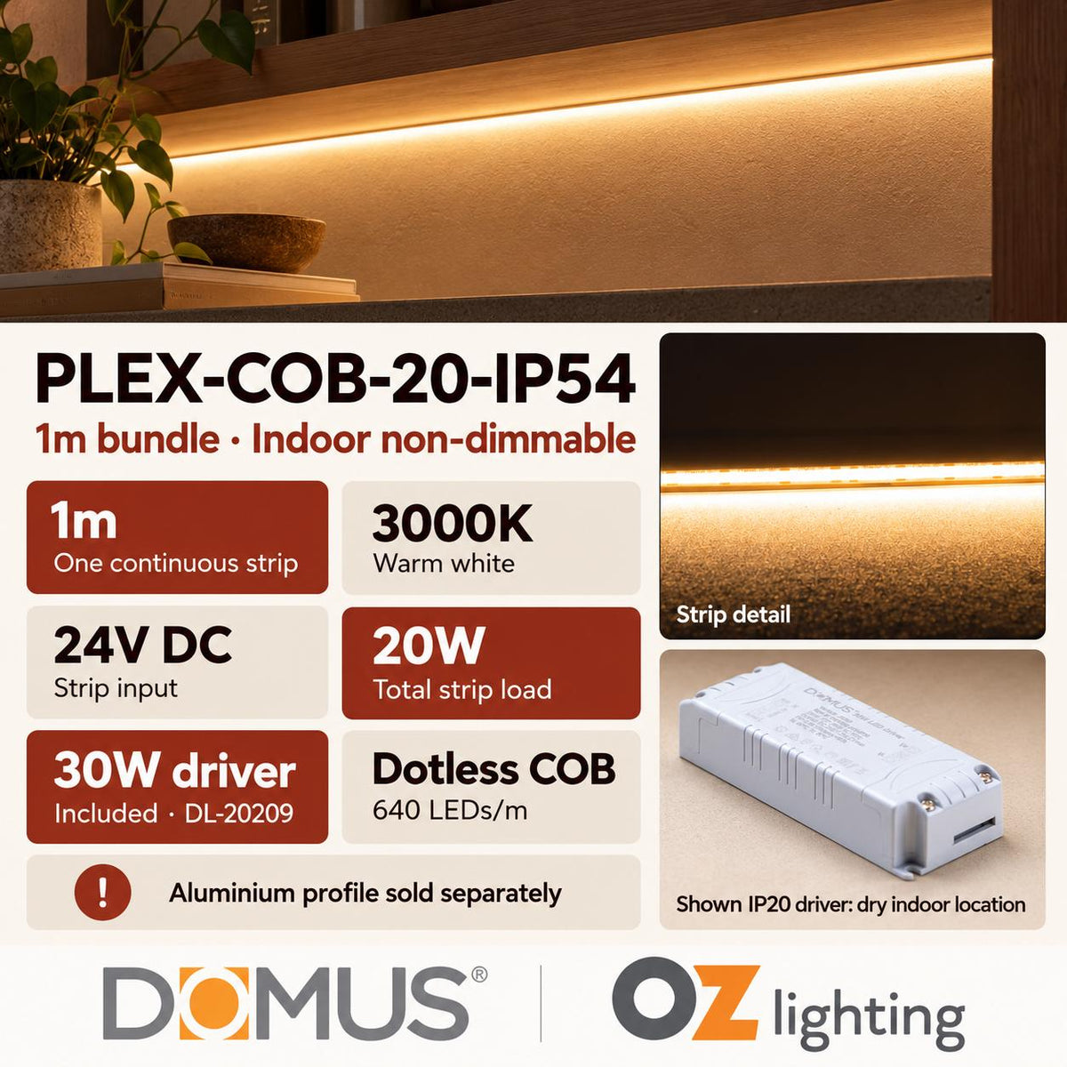 Domus PLEX 1 Metre 20W/m Warm White Strip and Driver Bundle-Domus Lighting-Ozlighting.com.au