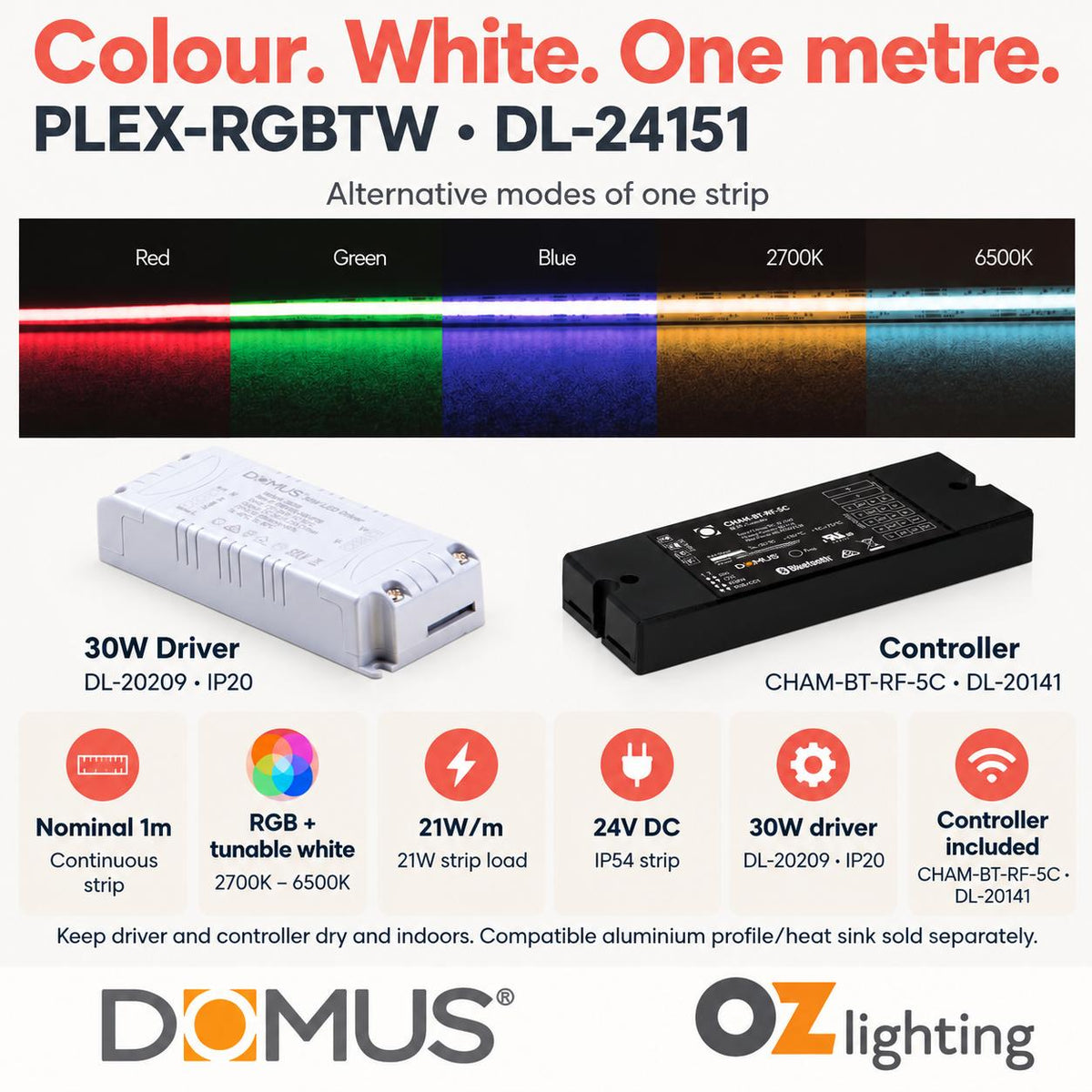 Domus PLEX 1 Metre 21W/m RGB + White Strip and Driver Bundle-Domus Lighting-Ozlighting.com.au