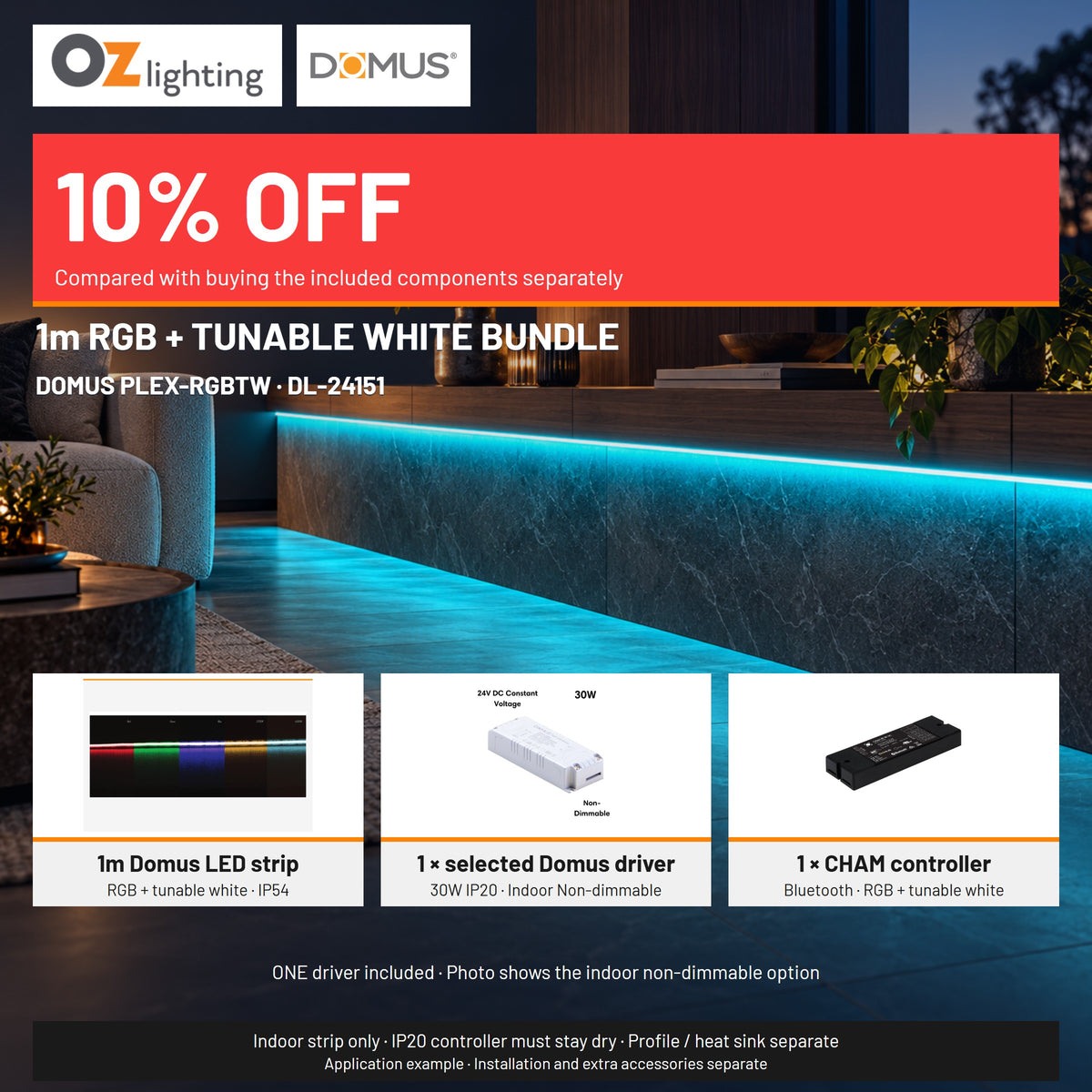 Domus PLEX 1 Metre 21W/m RGB + White Strip and Driver Bundle-Domus Lighting-Ozlighting.com.au