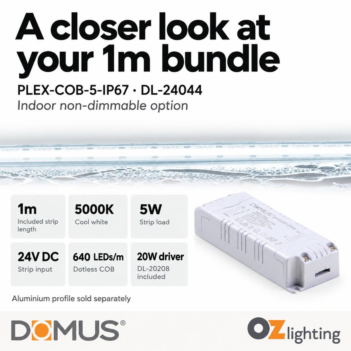 Domus PLEX-COB-5-IP67 1m 5000K LED strip and driver bundle — product details