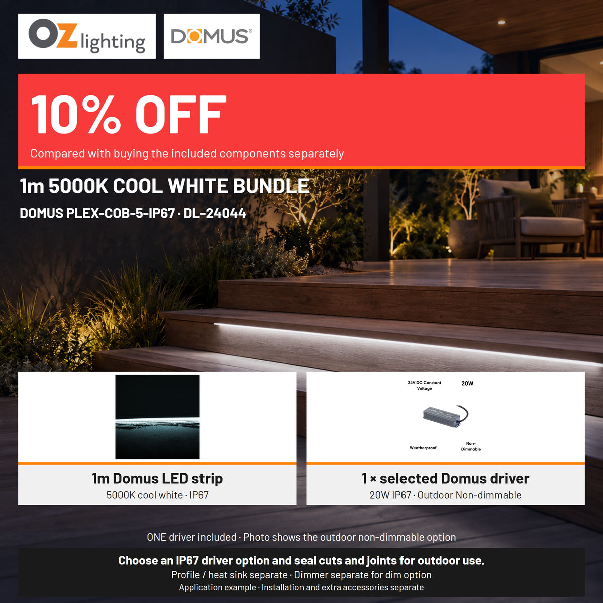 Domus PLEX 1 Metre 5W/m Cool White Outdoor Strip and Driver Bundle-Domus Lighting-Ozlighting.com.au