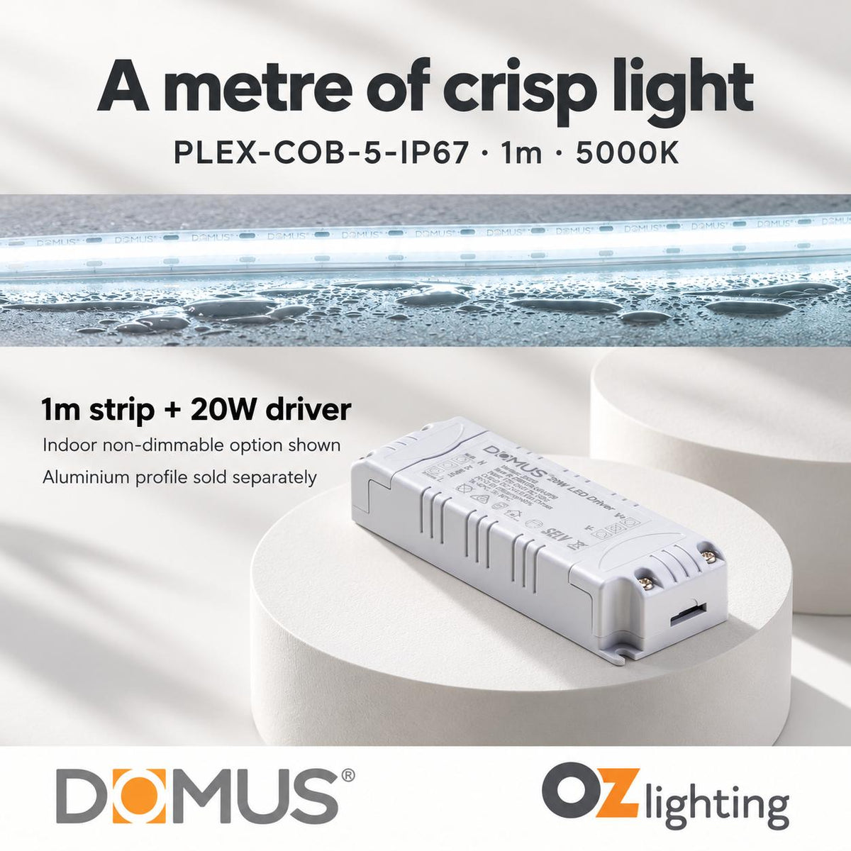 Domus PLEX-COB-5-IP67 1m 5000K LED strip and driver bundle — hero