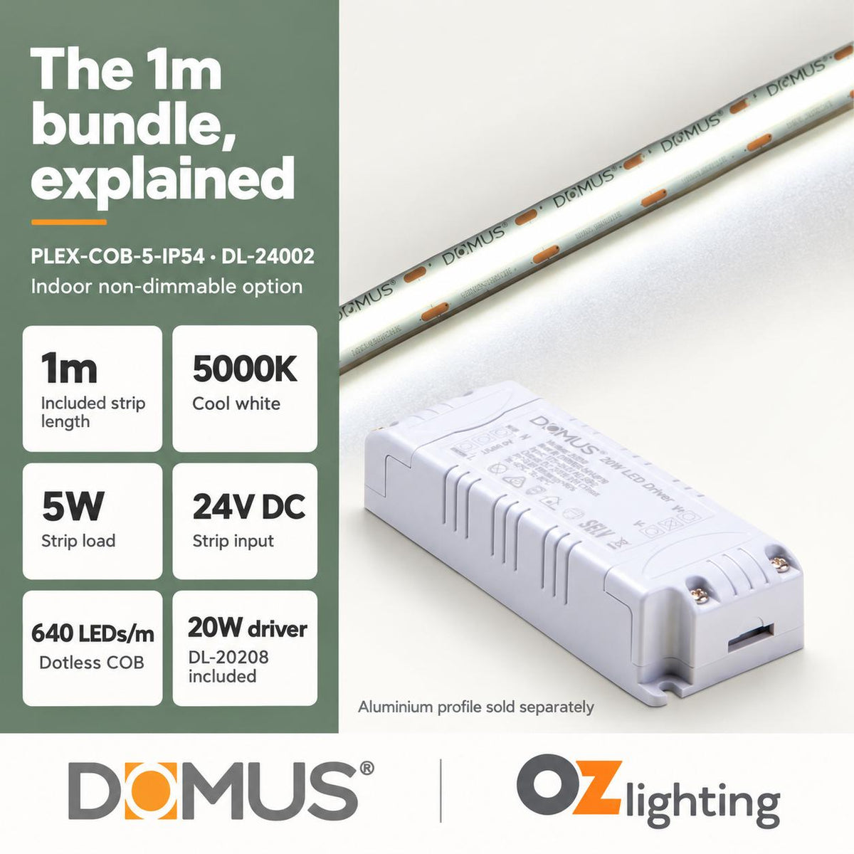 Domus PLEX-COB-5-IP54 1m 5000K LED strip and driver bundle — product details