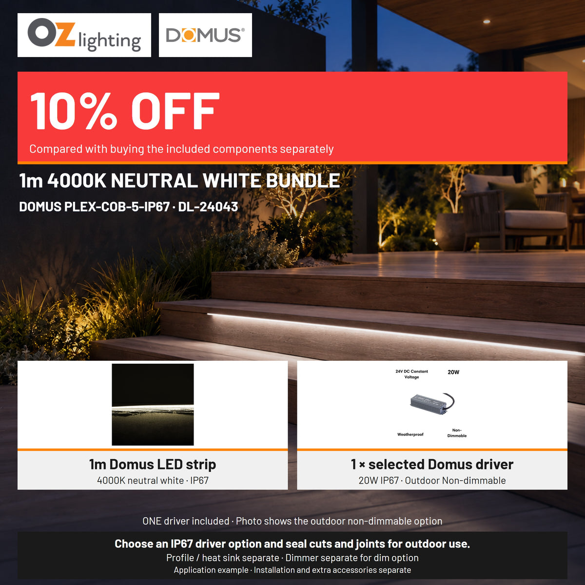Domus PLEX 1 Metre 5W/m Neutral White Outdoor Strip and Driver Bundle-Domus Lighting-Ozlighting.com.au
