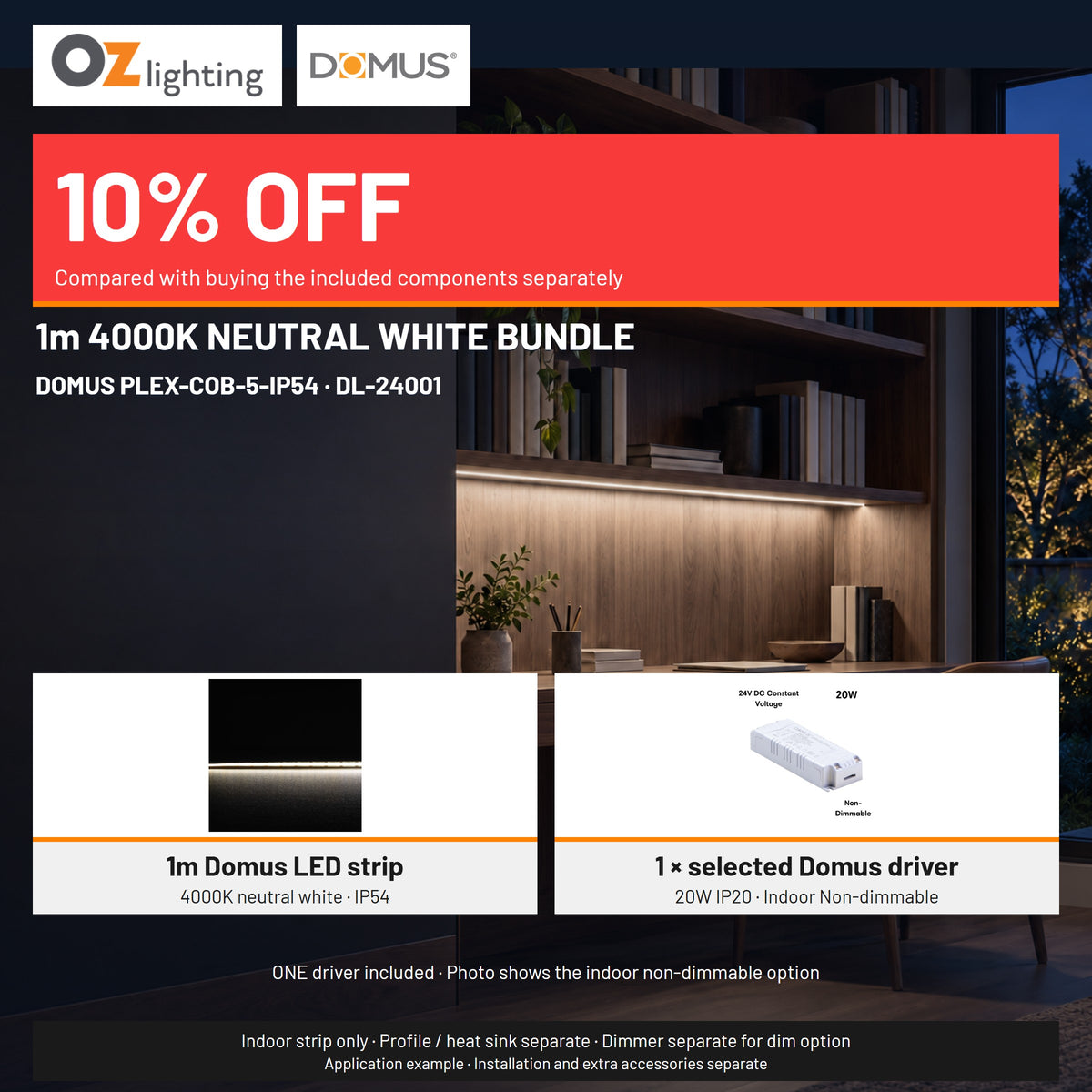 Domus PLEX 1 Metre 5W/m Neutral White Strip and Driver Bundle-Domus Lighting-Ozlighting.com.au