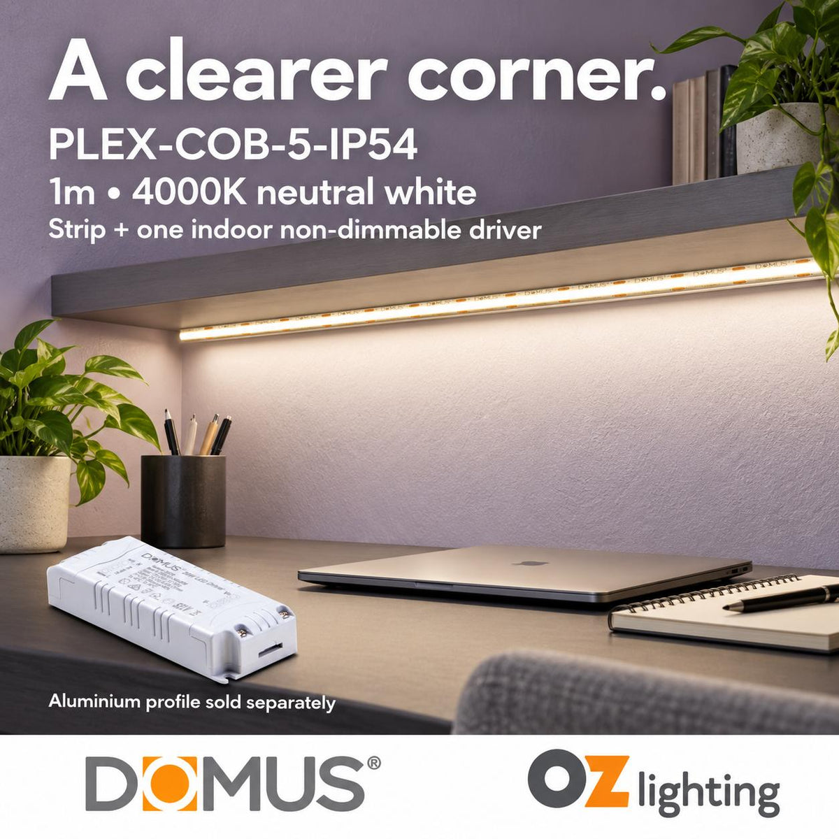 Domus PLEX-COB-5-IP54 1m 4000K LED strip and driver bundle — hero