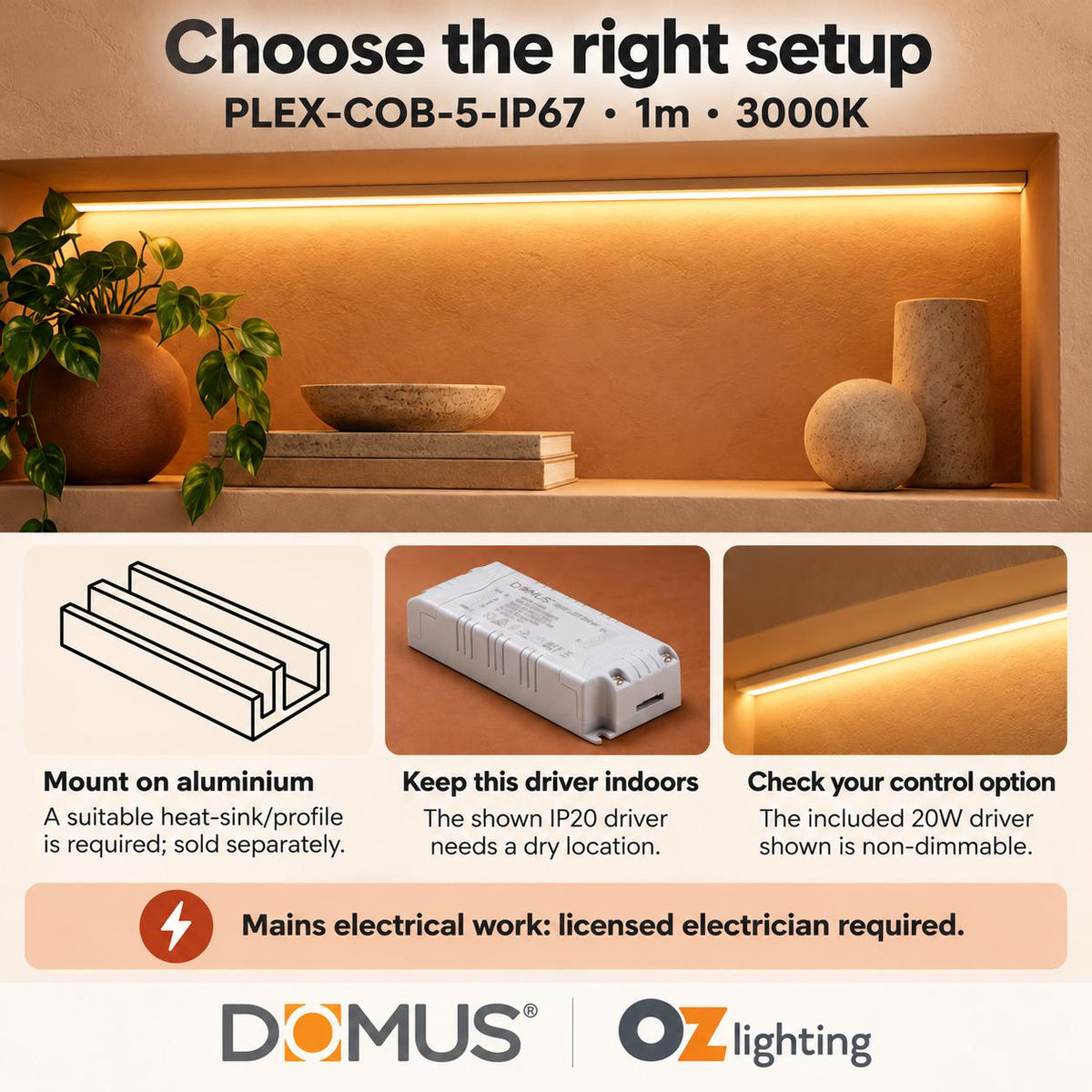 Domus PLEX-COB-5-IP67 1m 3000K LED strip and driver bundle — practical advice