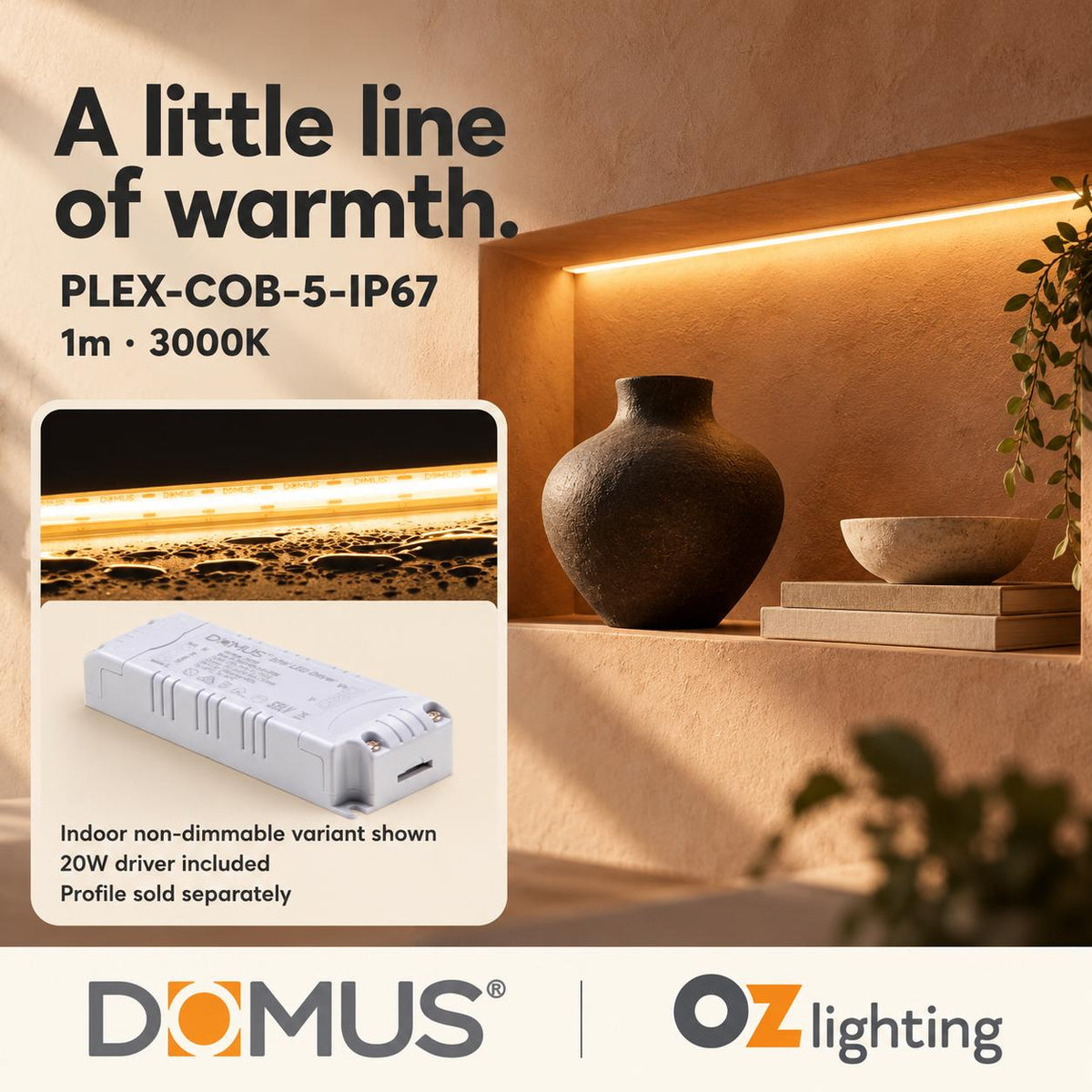 Domus PLEX-COB-5-IP67 1m 3000K LED strip and driver bundle — hero