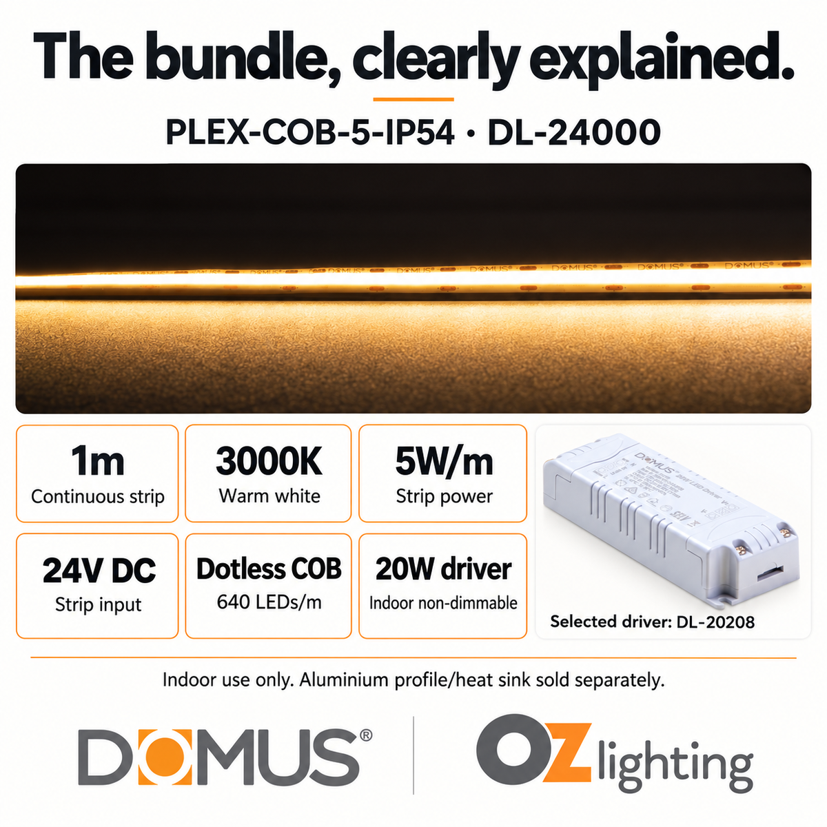 Domus PLEX-COB-5-IP54 1m 3000K LED strip and driver bundle — product details