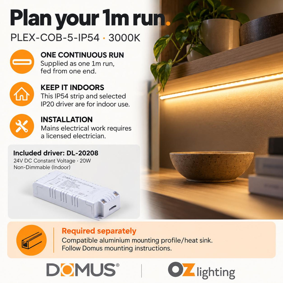 Domus PLEX-COB-5-IP54 1m 3000K LED strip and driver bundle — practical advice