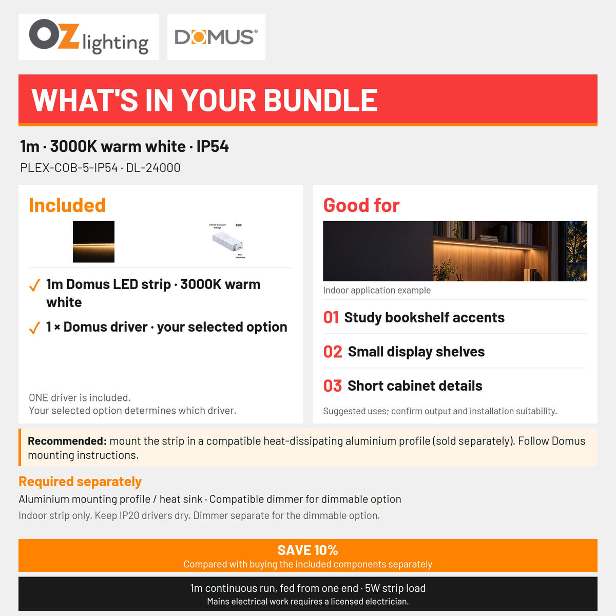 Domus PLEX 1 Metre 5W/m Warm White Strip and Driver Bundle-Domus Lighting-Ozlighting.com.au