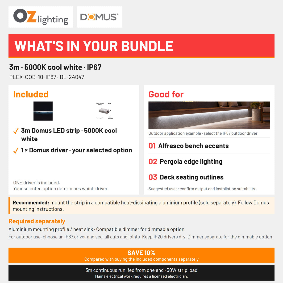 Domus PLEX-COB-10-IP67 LED Strip & Driver Bundle - 5000K, 3m-Domus Lighting-Ozlighting.com.au