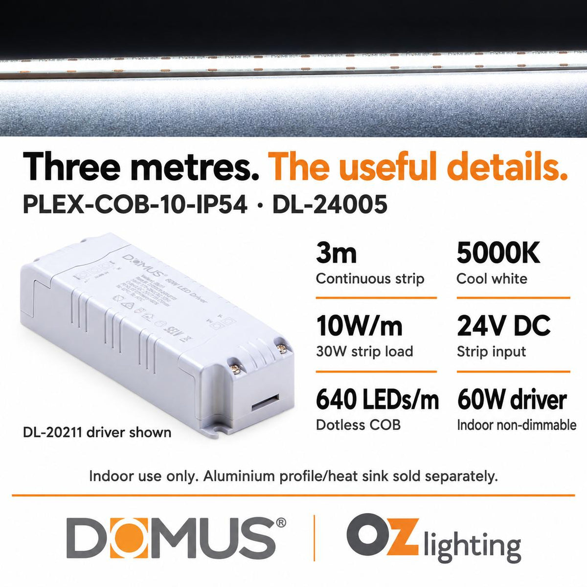 Domus PLEX 3 Metre 10W/m Cool White Strip and Driver Bundle-Domus Lighting-Ozlighting.com.au