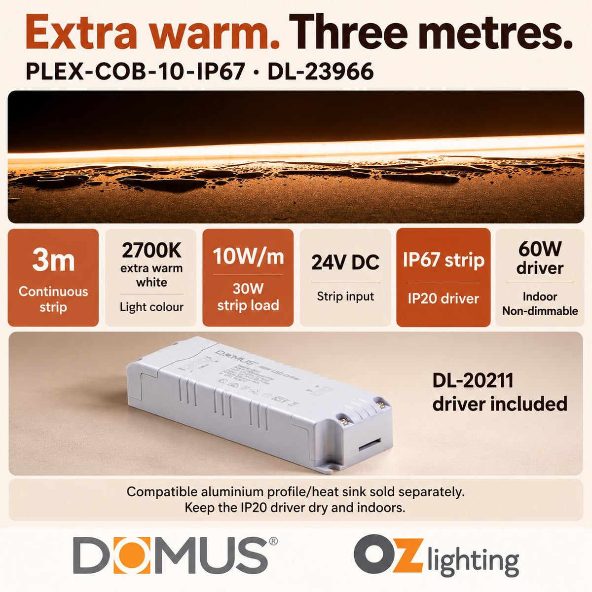 Domus PLEX 3 Metre 10W/m Extra Warm White Outdoor Strip and Driver Bundle-Domus Lighting-Ozlighting.com.au